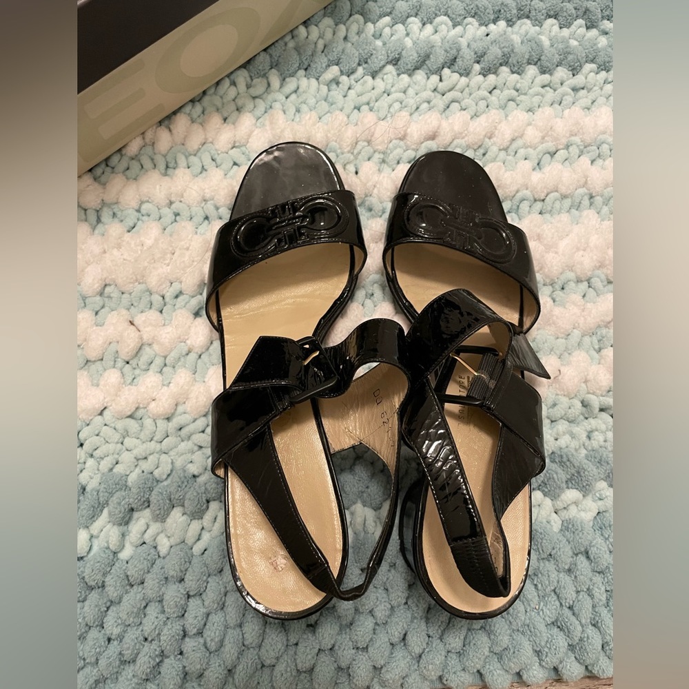 Ferragamo Black Patent Leather Heeled Sandals